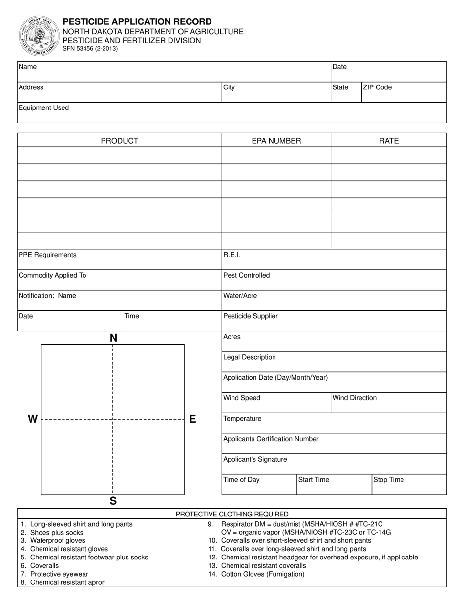 Form SFN53456 Pesticide Application Record - North Dakota, Page 1