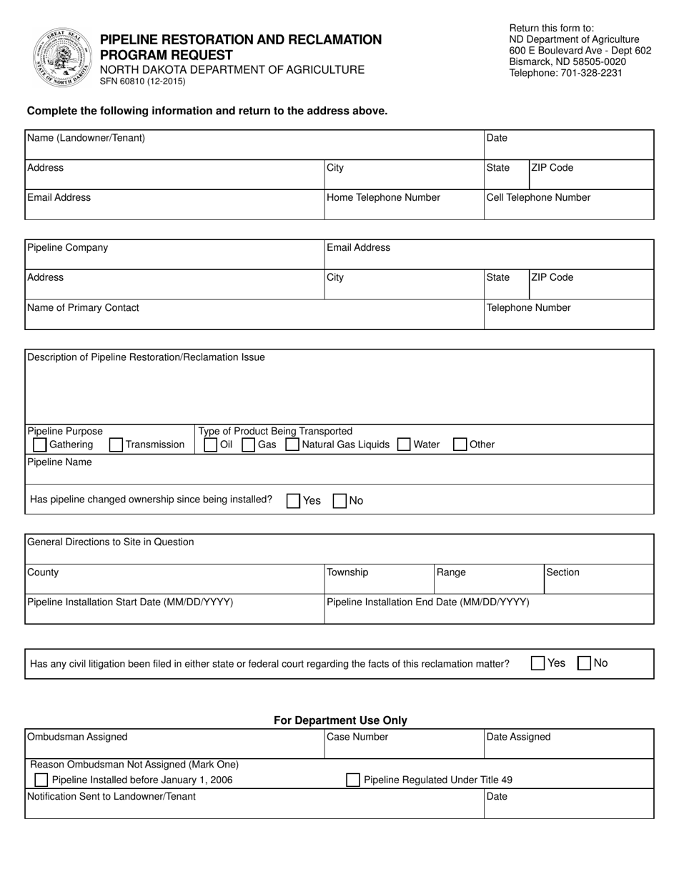 Form Sfn60810 - Fill Out, Sign Online And Download Fillable Pdf, North 