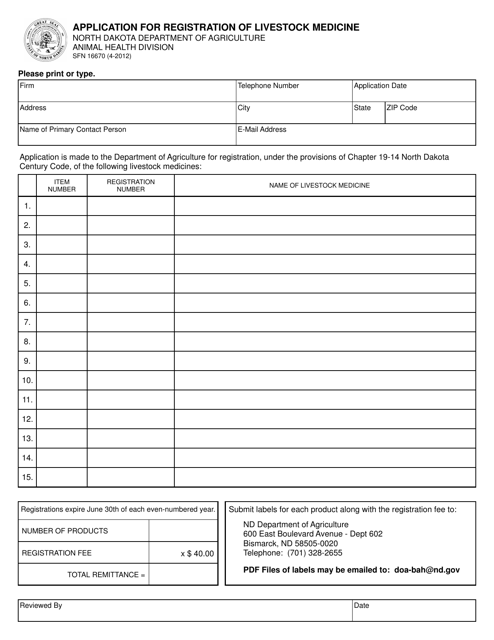 Form SFN16670 Application for Registration of Livestock Medicine - North Dakota