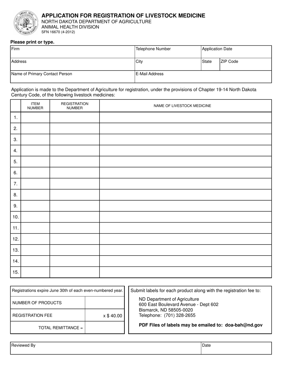 Form SFN16670 Application for Registration of Livestock Medicine - North Dakota, Page 1