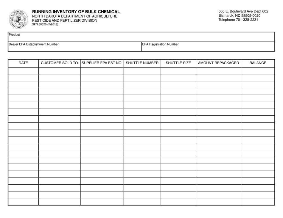 Form SFN58520 Running Inventory of Bulk Chemical - North Dakota, Page 1