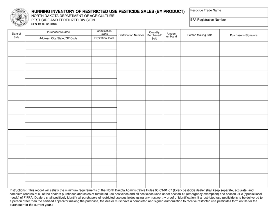 Form SFN19309 Running Inventory of Restricted Use Pesticide Sales (By Product) - North Dakota, Page 1