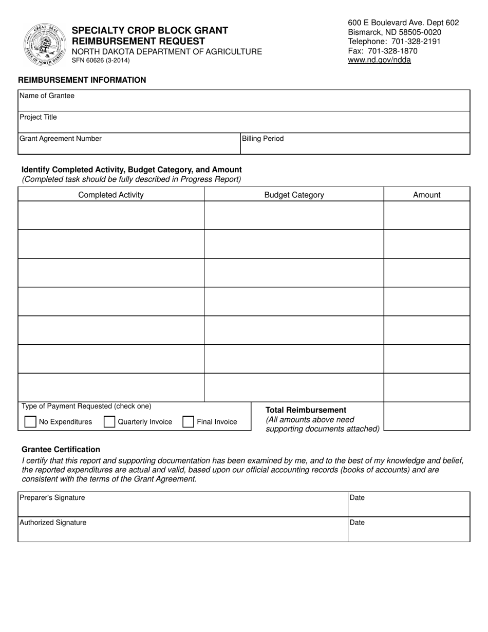Form SFN60626 Specialty Crop Block Grant Reimbursement Request - North Dakota, Page 1