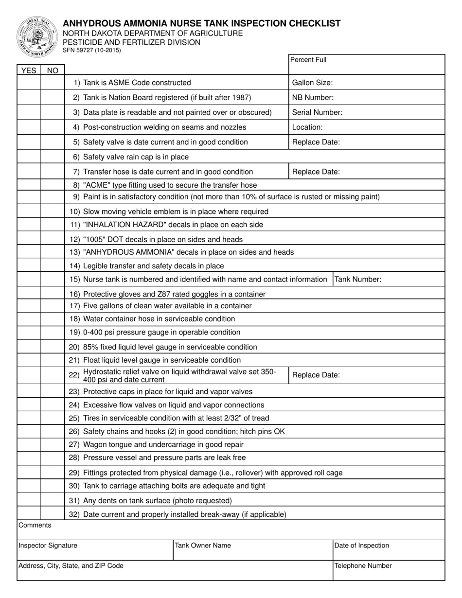 Form SFN59727 Anhydrous Ammonia Nurse Tank Inspection Checklist - North Dakota, Page 1