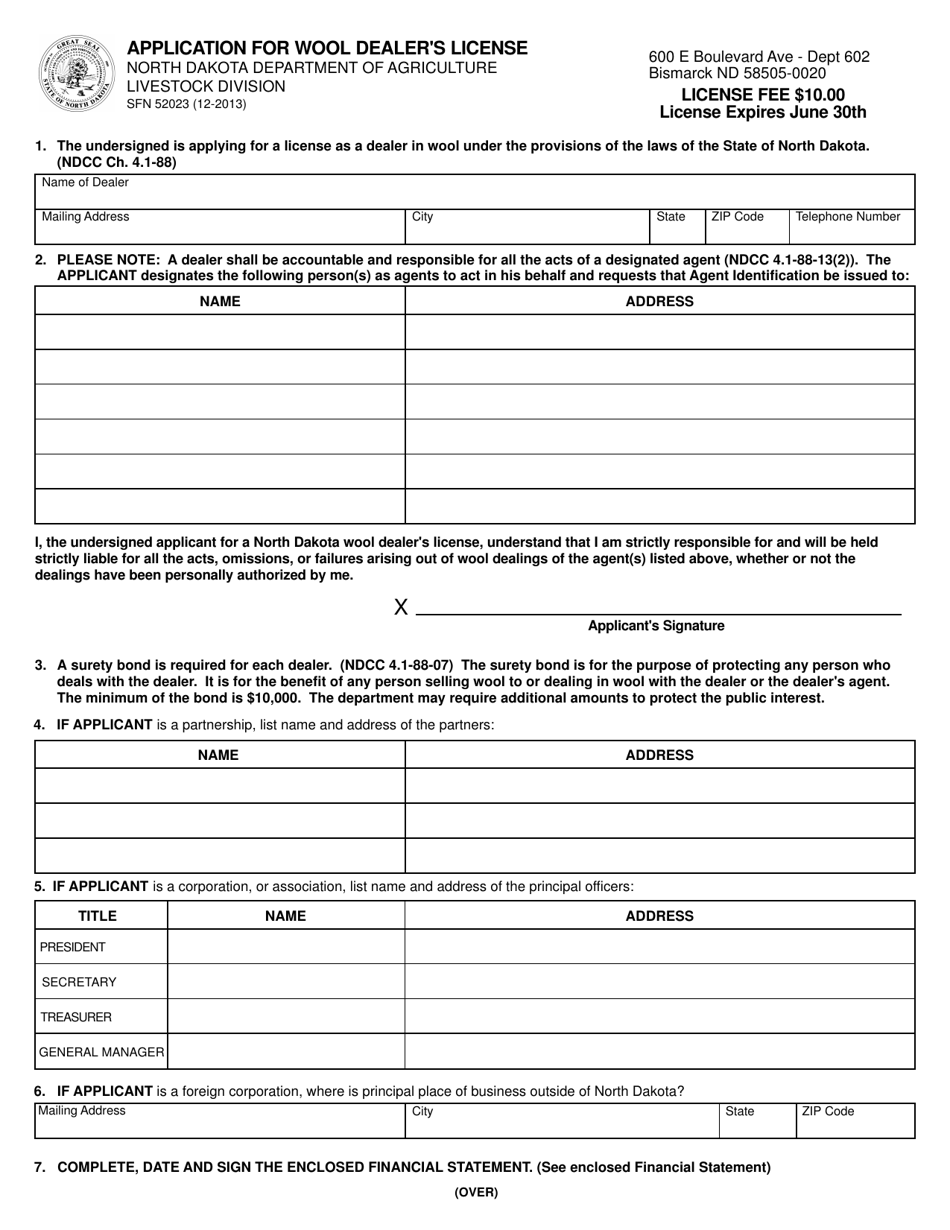 Form SFN52023 Application for Wool Dealers License - North Dakota, Page 1