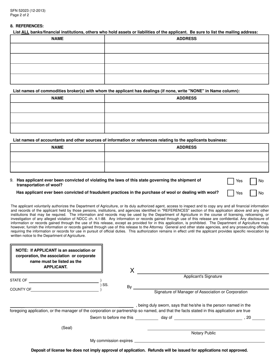 Form SFN52023 Application for Wool Dealers License - North Dakota, Page 2