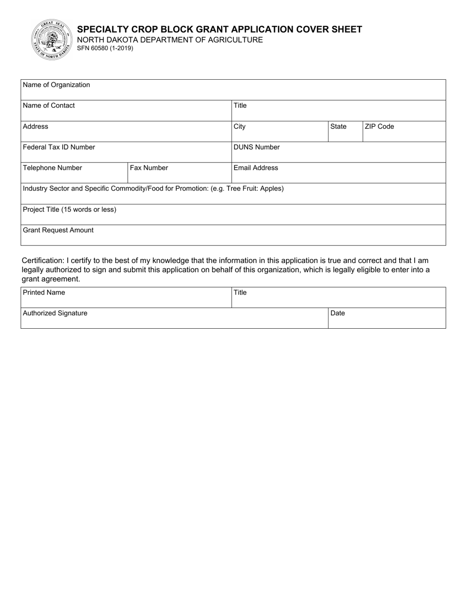 Form SFN60580 Specialty Crop Block Grant Application Cover Sheet - North Dakota, Page 1