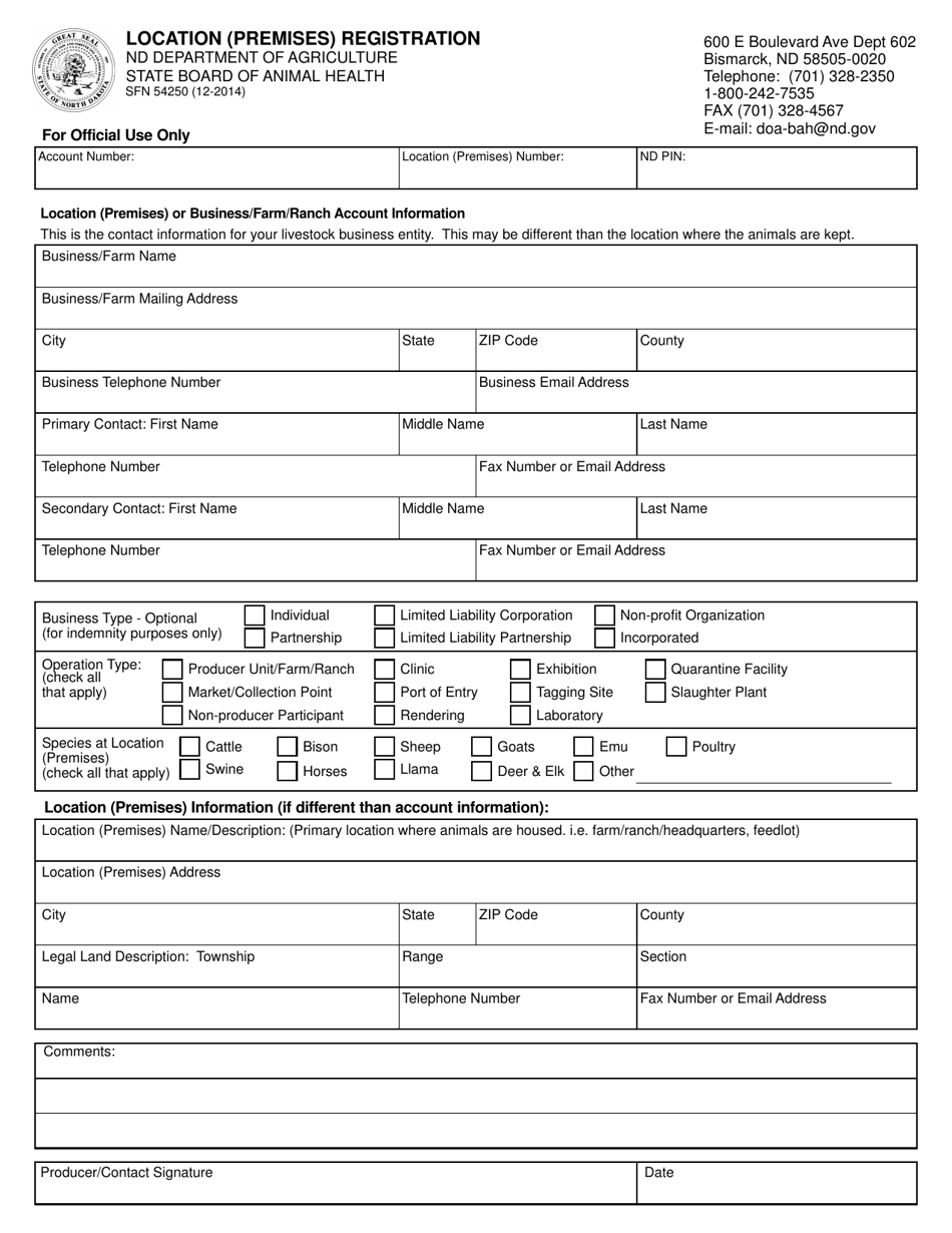 Form SFN54250 Location (Premises) Registration - North Dakota, Page 1