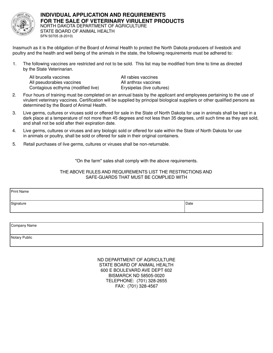 Form SFN50705 Individual Application and Requirements for the Sale of Veterinary Virulent Products - North Dakota, Page 1