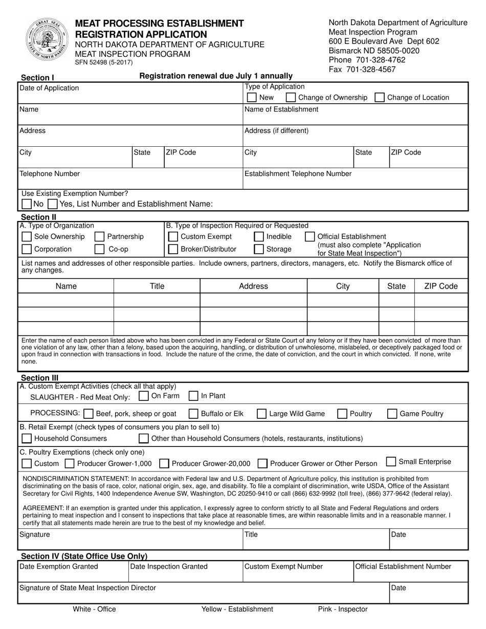 Form SFN52498 Meat Processing Establishment Registration Application - North Dakota, Page 1