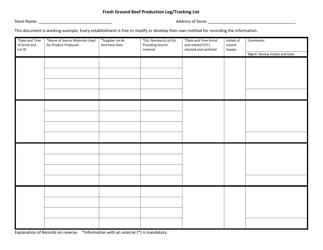 Document preview: Fresh Ground Beef Production Log/Tracking List - North Dakota