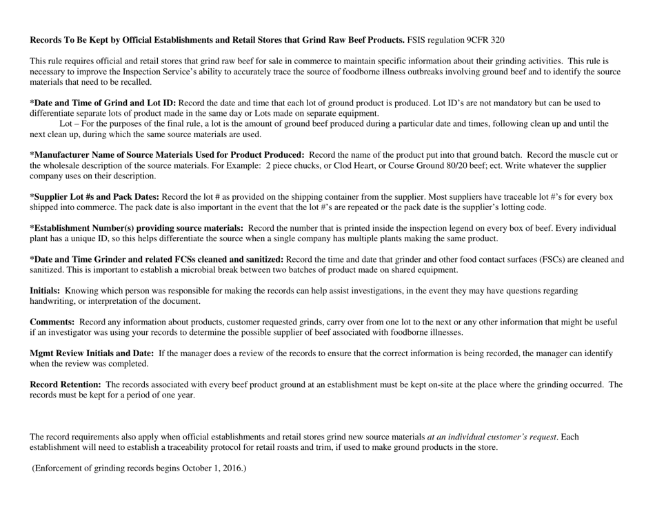 Fresh Ground Beef Production Log / Tracking List - North Dakota, Page 2