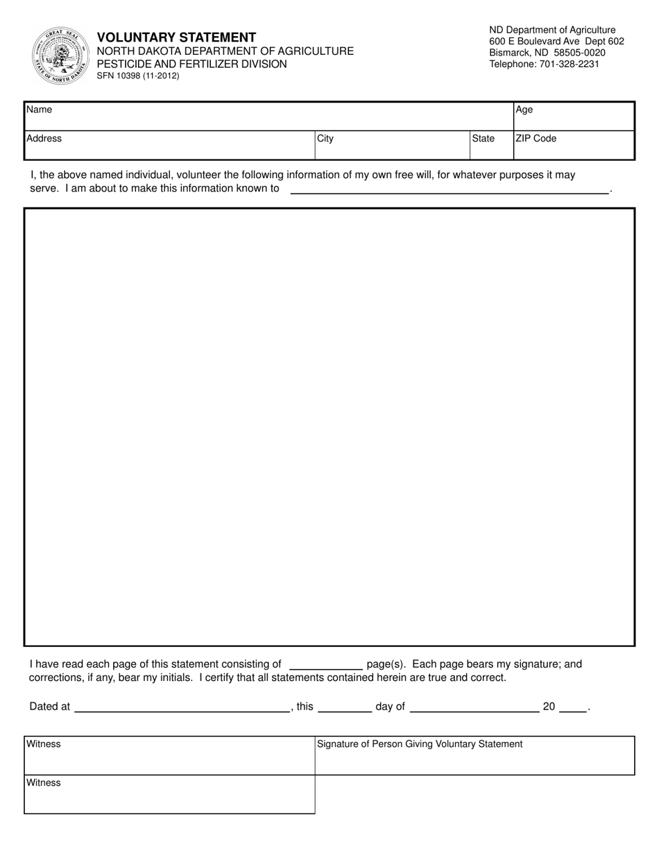 Form SFN10398 Voluntary Statement - North Dakota, Page 1