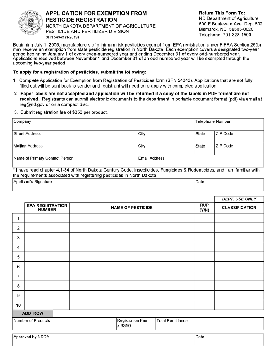 Form SFN54343 Application for Exemption From Pesticide Registration - North Dakota, Page 1