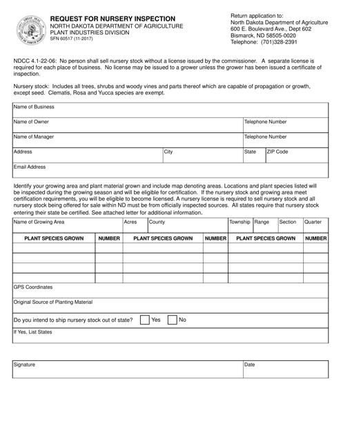 Form SFN60517 Request for Nursery Inspection - North Dakota