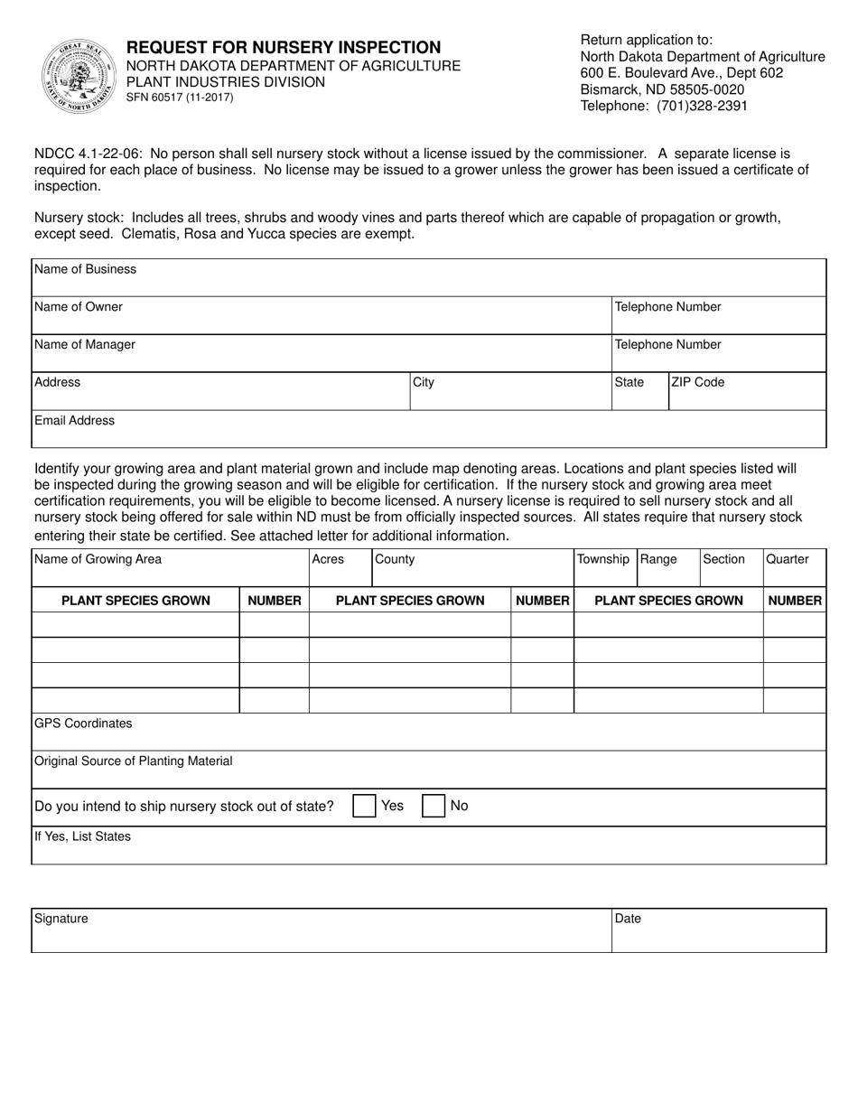 Form SFN60517 Request for Nursery Inspection - North Dakota, Page 1