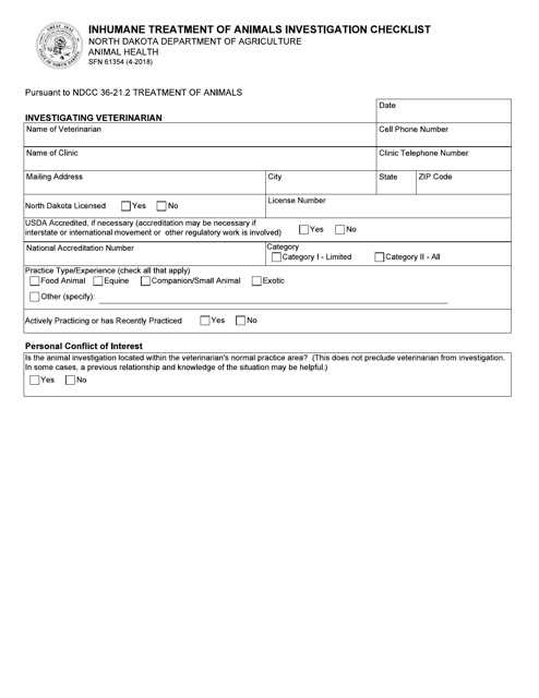 Form SFN61354 Inhumane Treatment of Animals Investigation Checklist - North Dakota