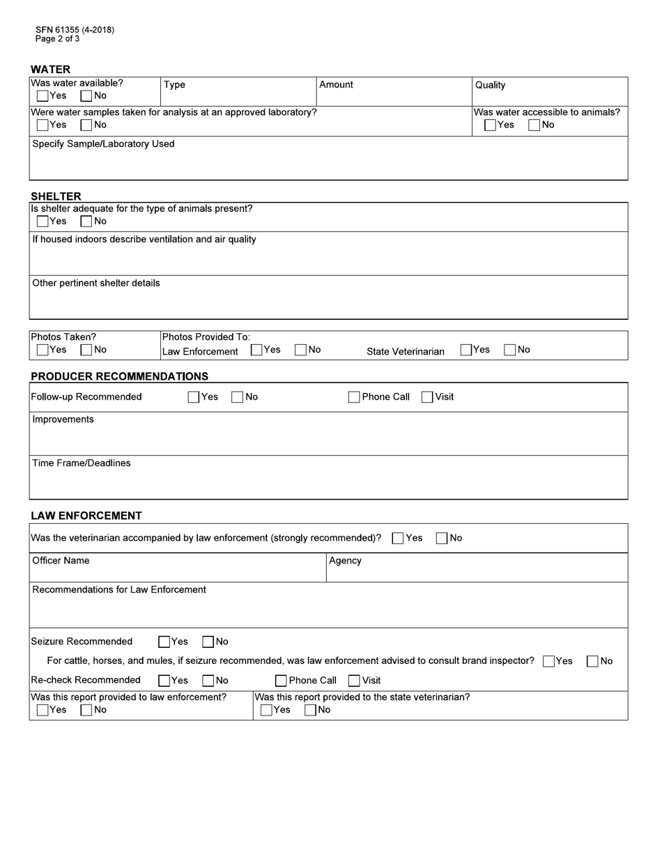 Form SFN61355 Inhumane Treatment of Animals Investigation Protocol - North Dakota, Page 2