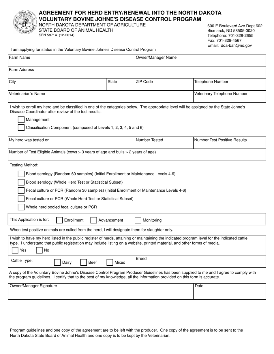 Form SFN58714 Agreement for Herd Entry / Renewal Into the North Dakota Voluntary Bovine Johnes Disease Control Program - North Dakota, Page 1