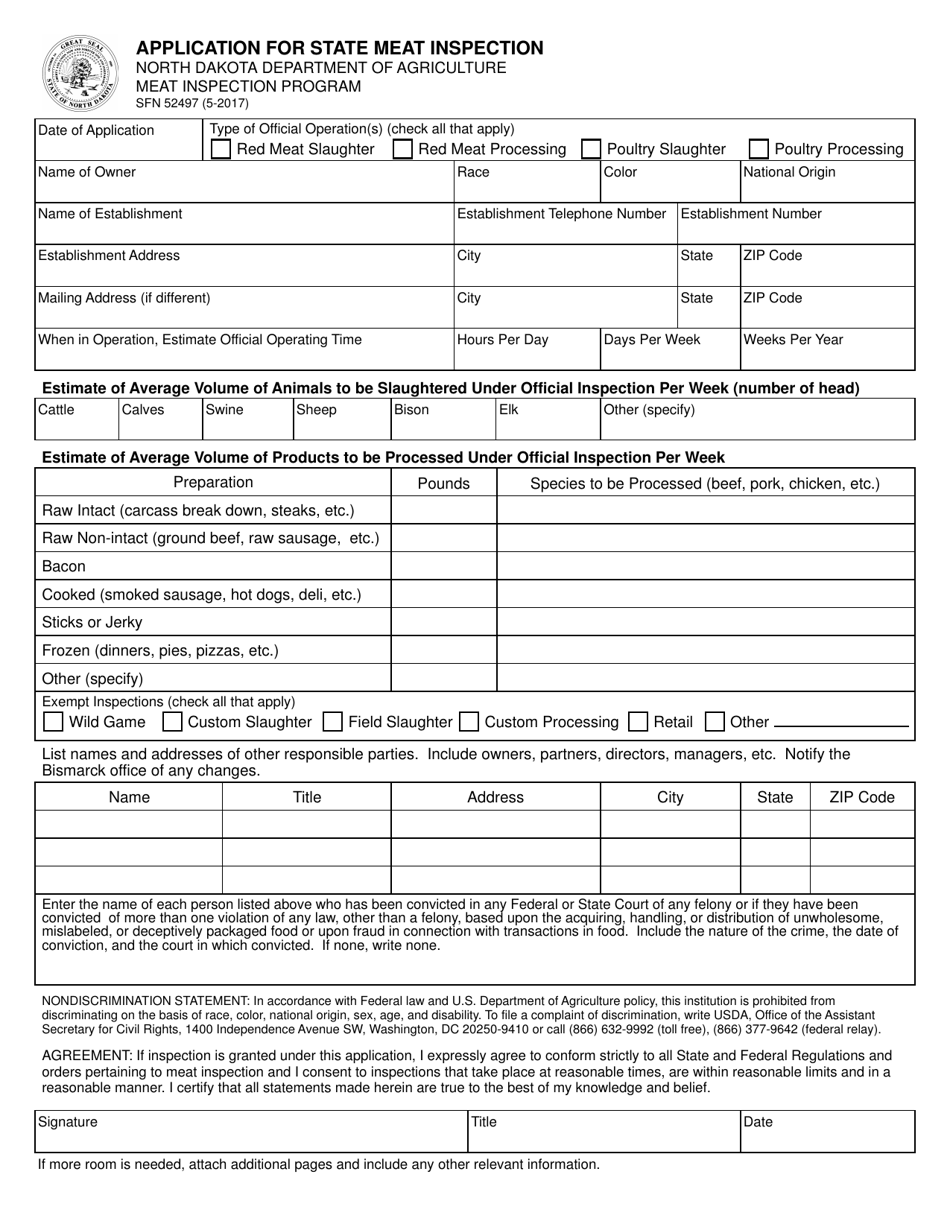 Form SFN52497 Application for State Meat Inspection - North Dakota, Page 1