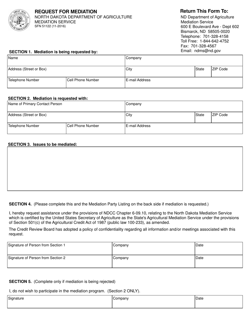 Form SFN51122 Request for Mediation - North Dakota, Page 1
