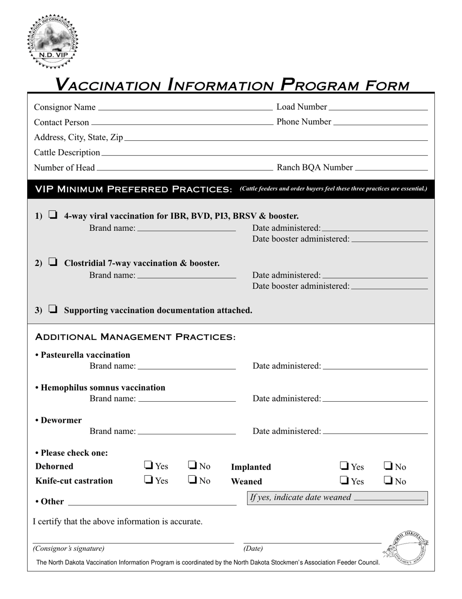 Vaccination Information Program Form - North Dakota, Page 1