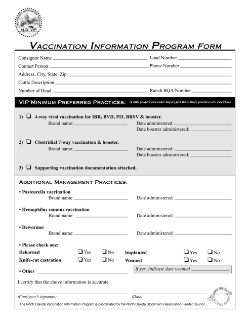 Vaccination Information Program Form - North Dakota