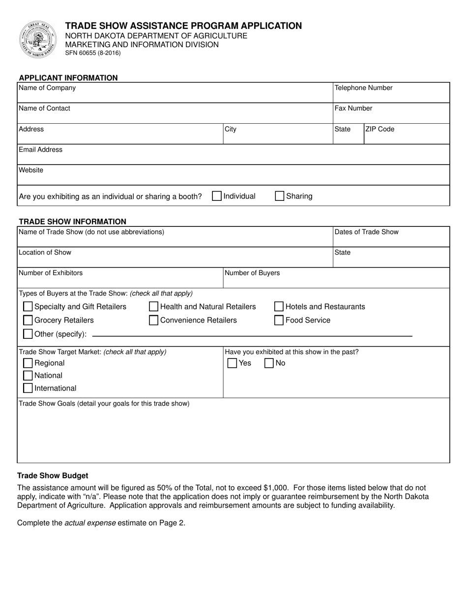 Form SFN60655 Trade Show Assistance Program Application - North Dakota, Page 1