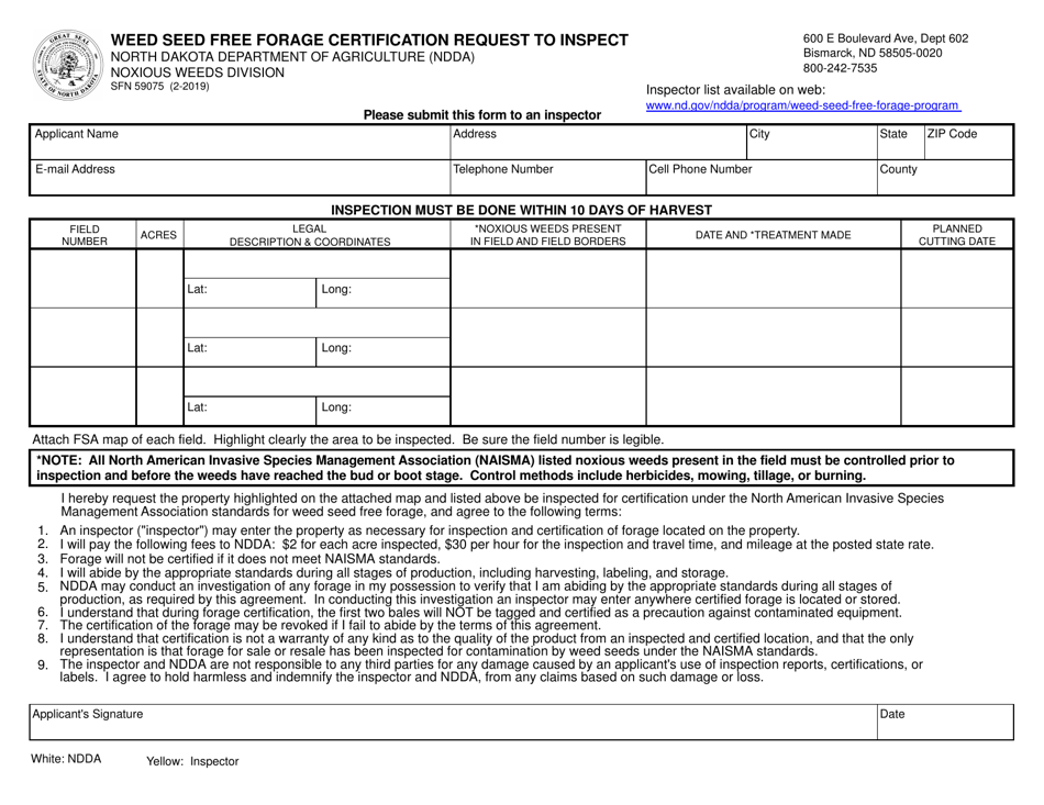 Form SFN59075 Weed Seed Free Forage Certification Request to Inspect - North Dakota, Page 1