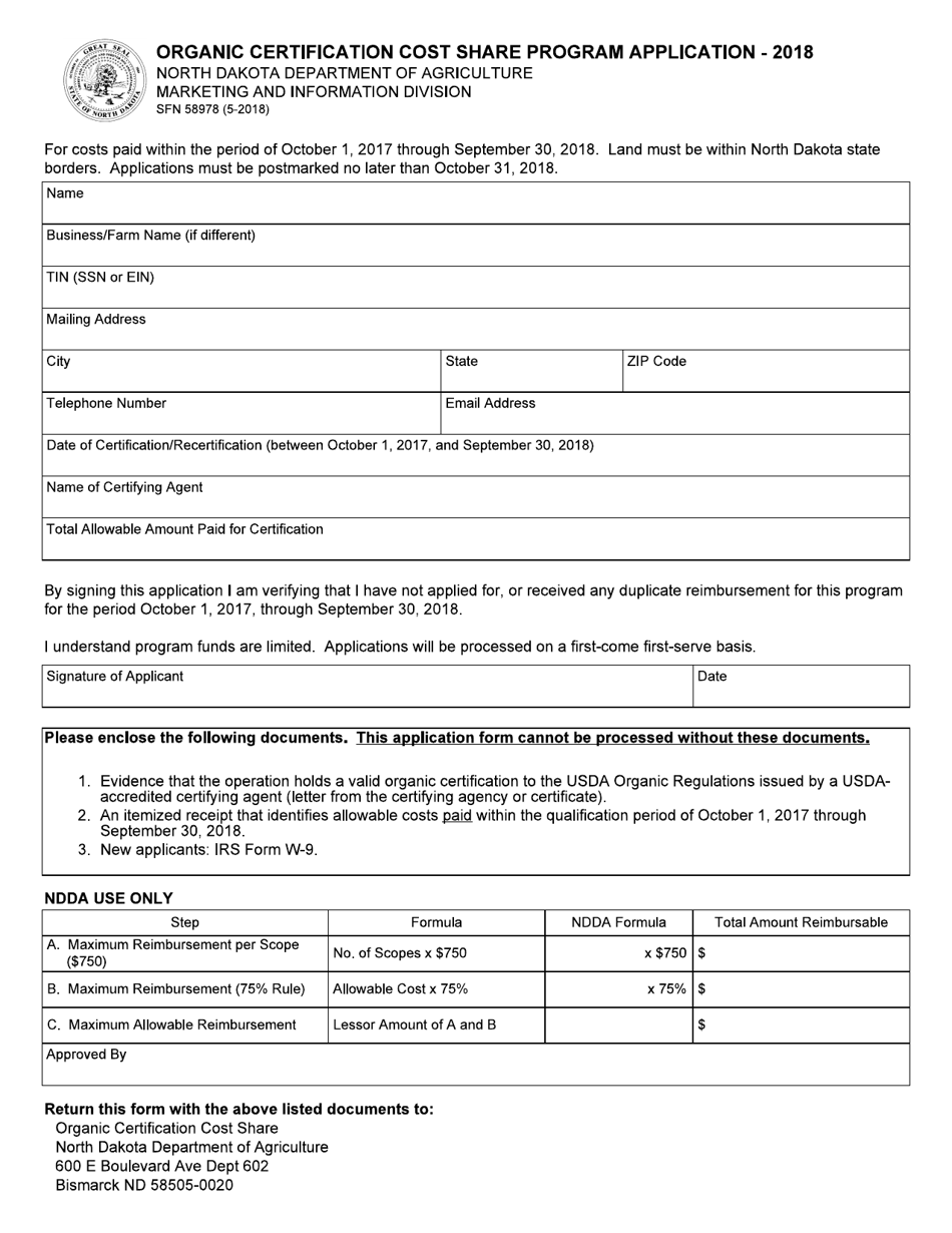 Form SFN58978 Organic Certification Cost Share Program Application - North Dakota, Page 1