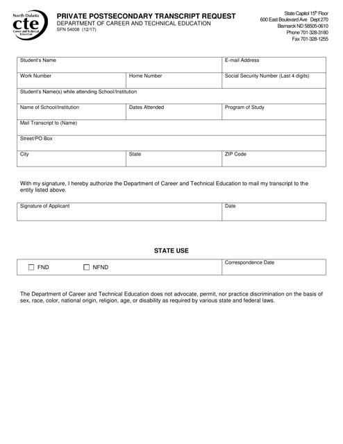 Form SFN54008 Private Postsecondary Transcript Request - North Dakota