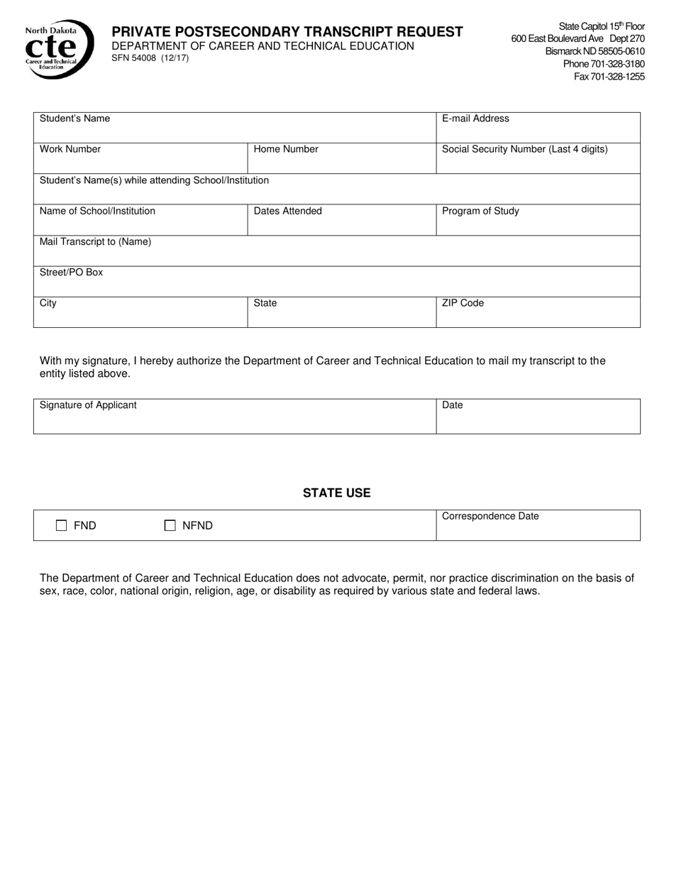 Form SFN54008 Private Postsecondary Transcript Request - North Dakota, Page 1
