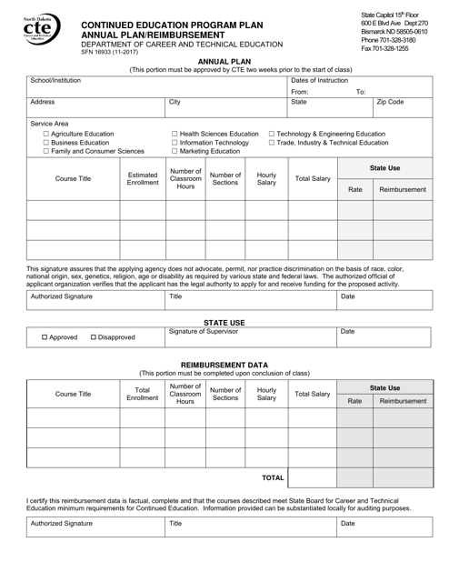 Form SFN16933 Continued Education Program Plan Annual Plan/Reimbursement - North Dakota