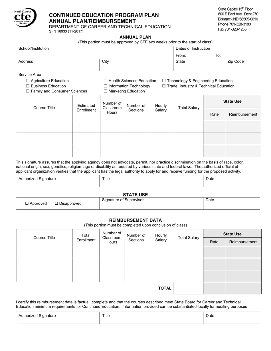 Form SFN16933 Continued Education Program Plan Annual Plan / Reimbursement - North Dakota, Page 1