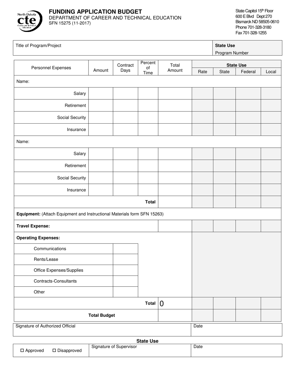 Form SFN15275 Funding Application Budget - North Dakota, Page 1