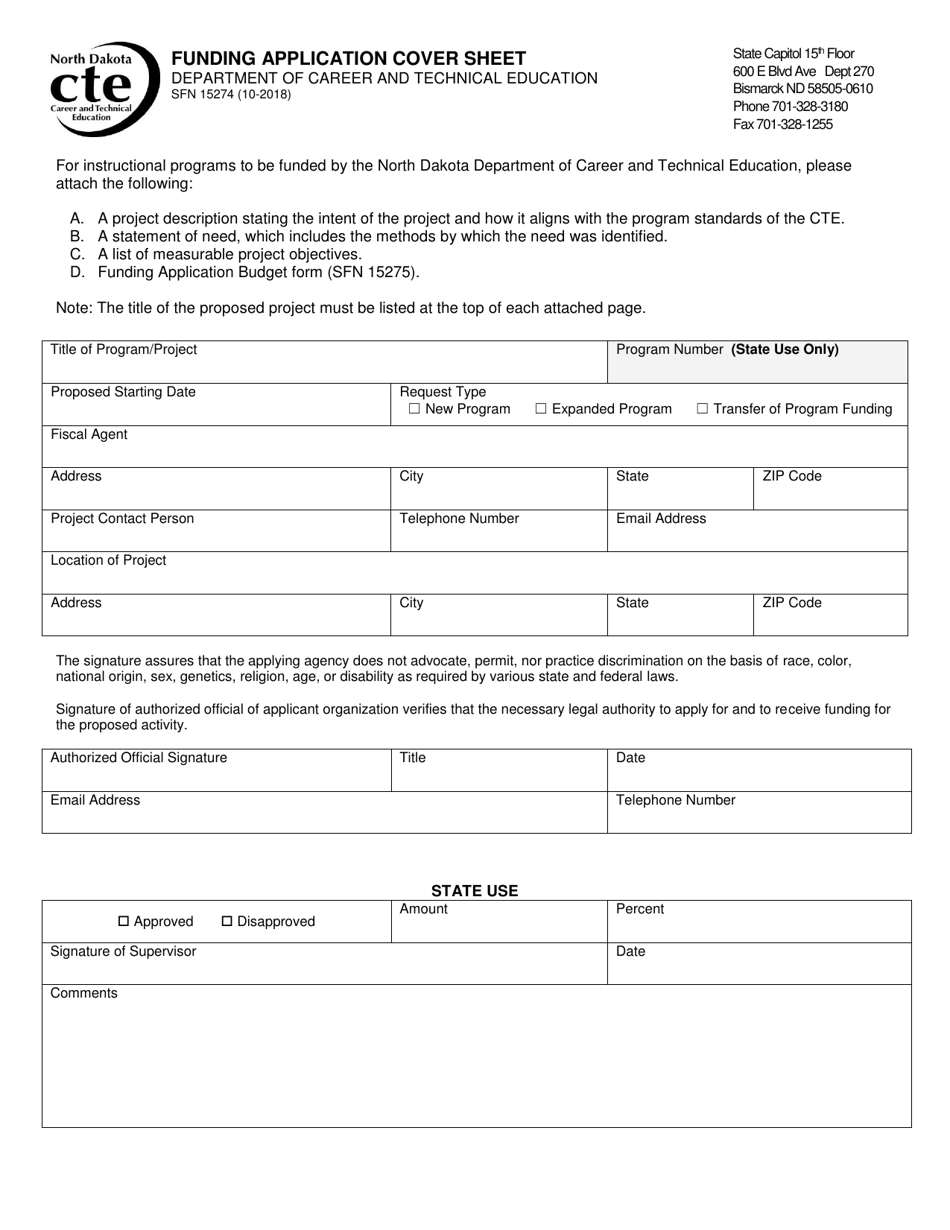 Form SFN15274 Funding Application Cover Sheet - North Dakota, Page 1