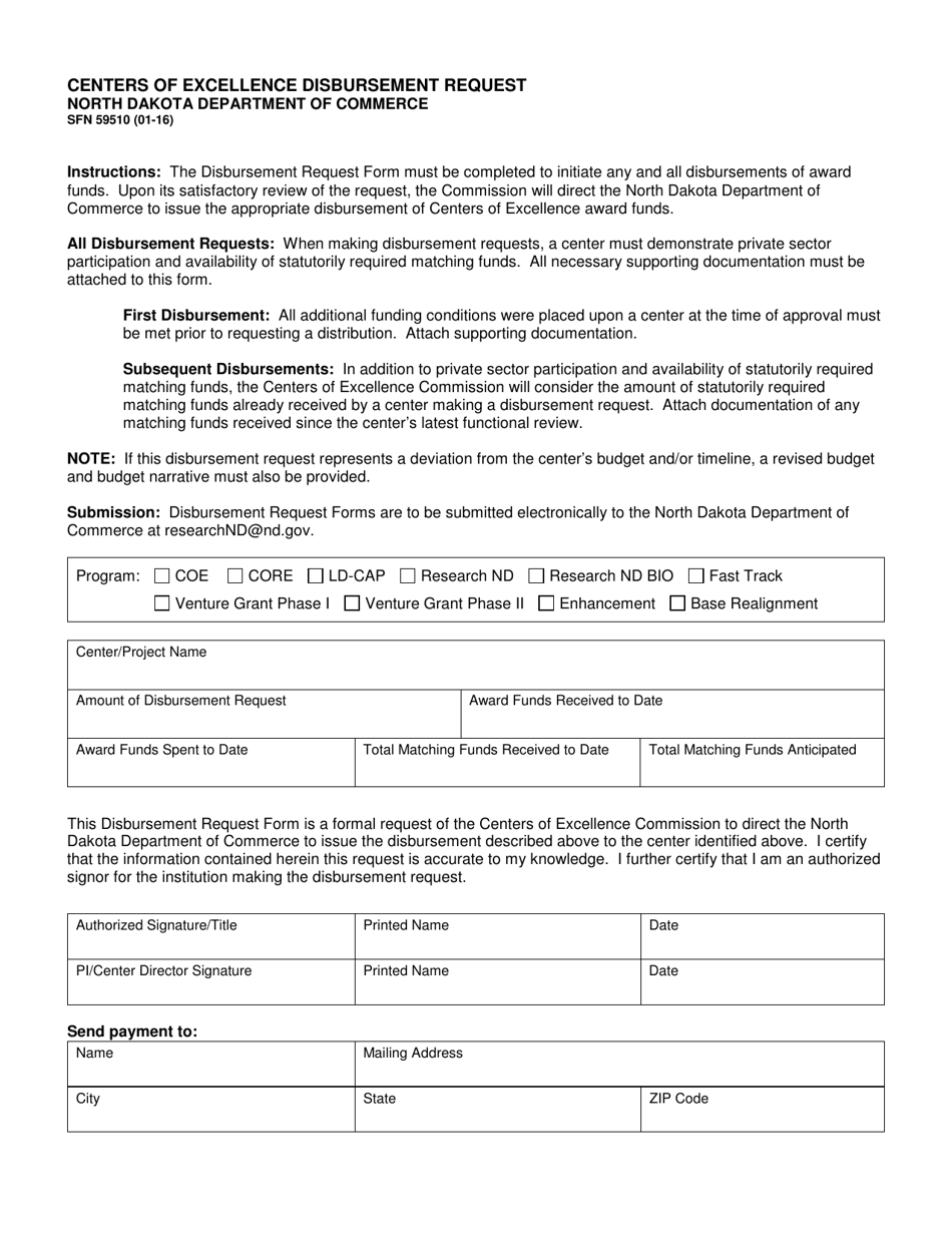 Form SFN59510 Centers of Excellence Disbursement Request - North Dakota, Page 1