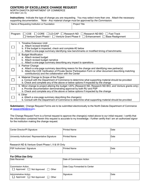Form SFN59921 Centers of Excellence Change Request - North Dakota