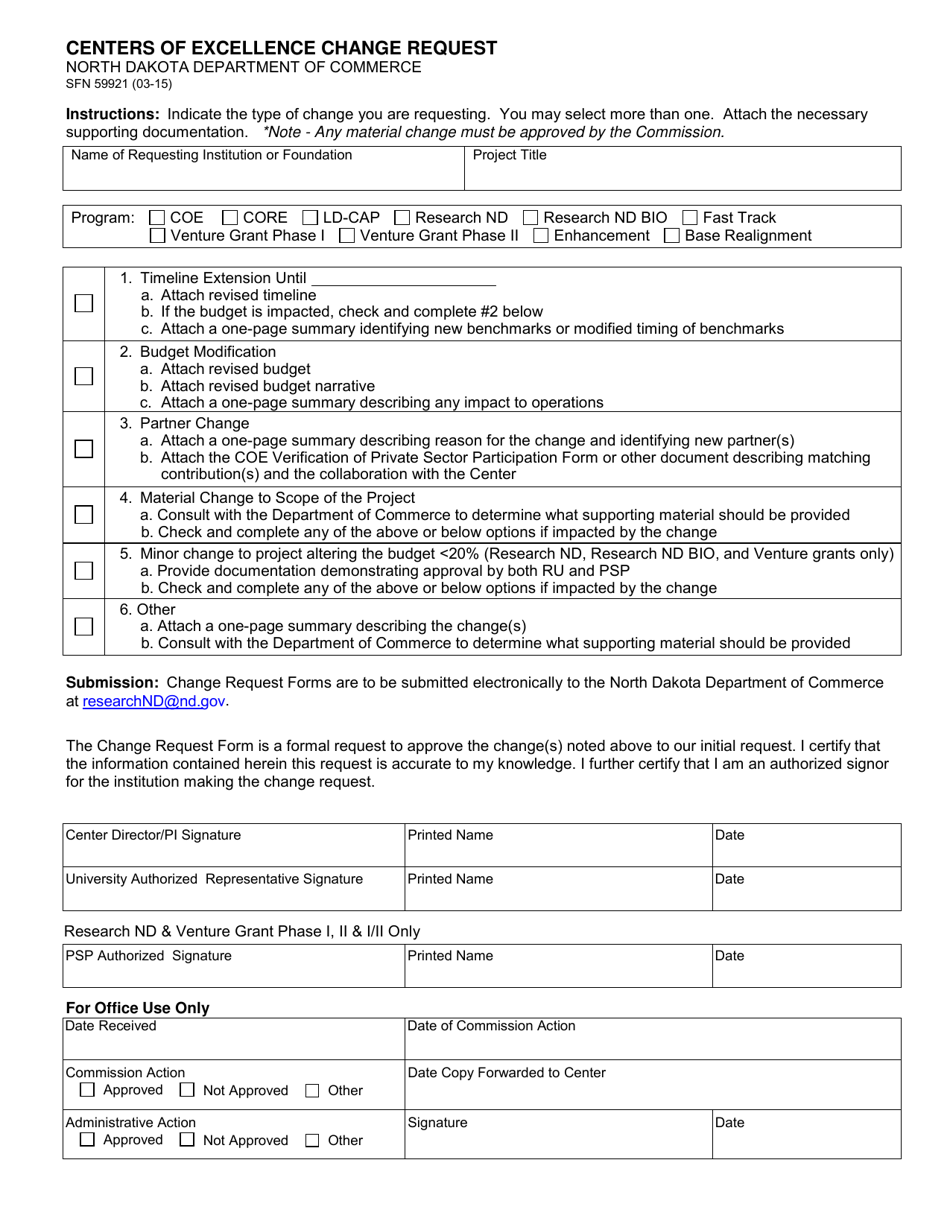 Form SFN59921 Centers of Excellence Change Request - North Dakota, Page 1