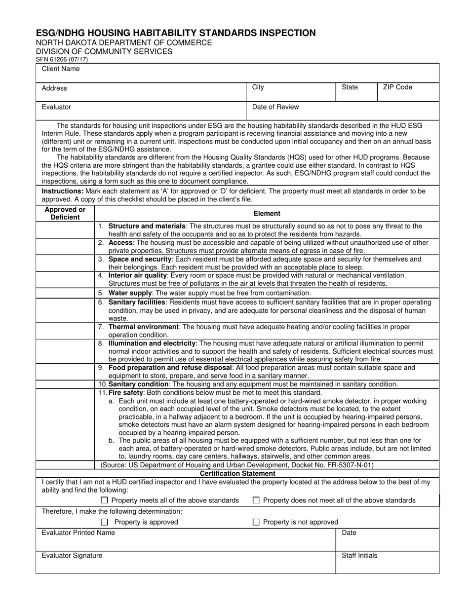 Form SFN61266 Esg / Ndhg Housing Habitability Standards Inspection - North Dakota, Page 1