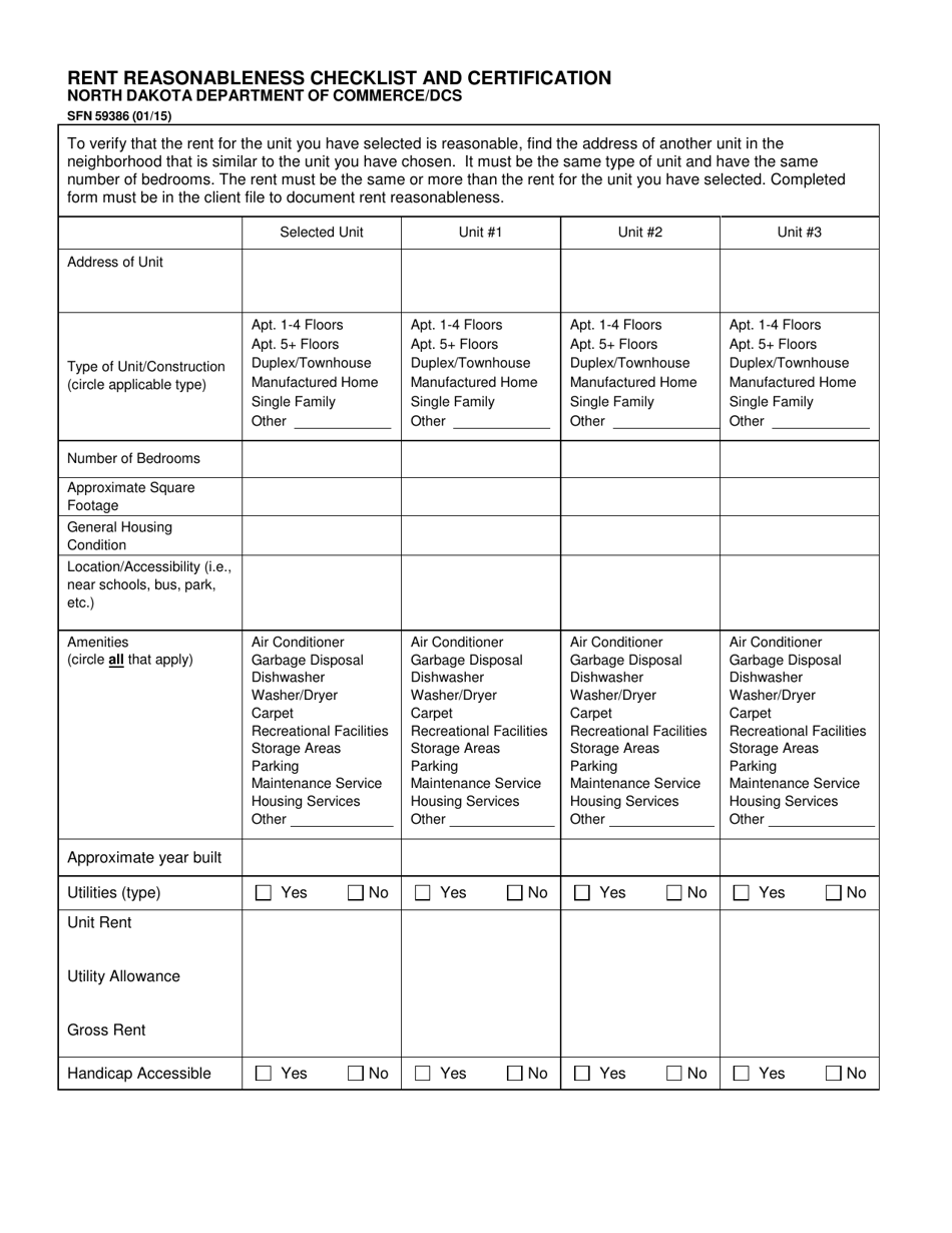 Form SFN59386 Rent Reasonableness Checklist and Certification - North Dakota, Page 1