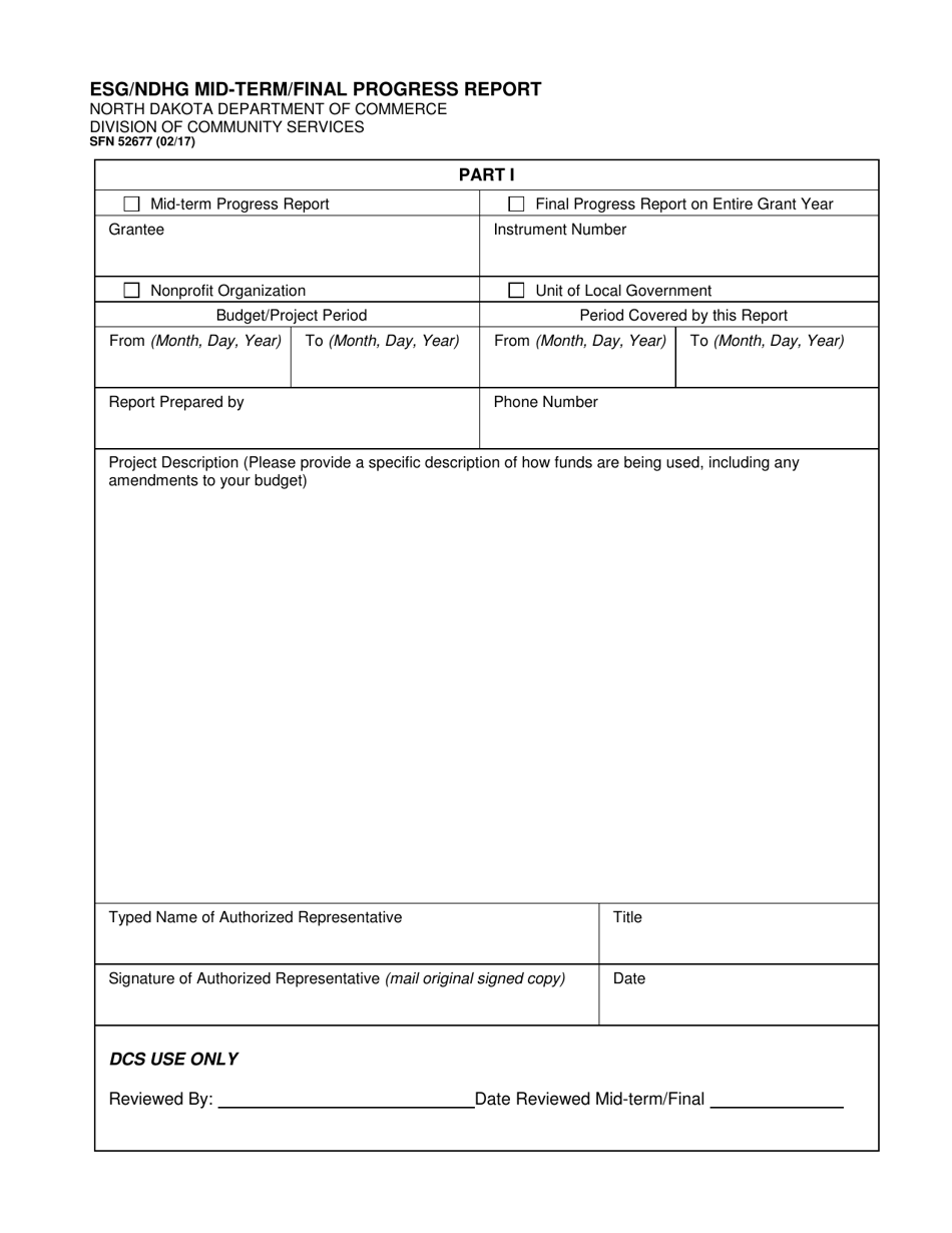 Form SFN52677 Esg / Ndhg Mid-term / Final Progress Report - North Dakota, Page 1