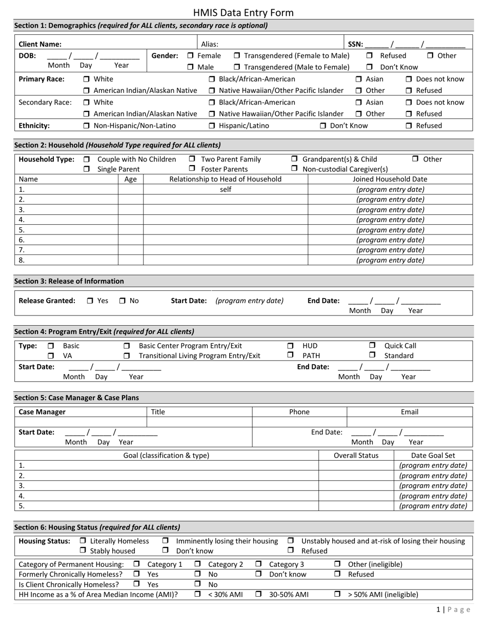 Hmis Data Entry Form - North Dakota, Page 1