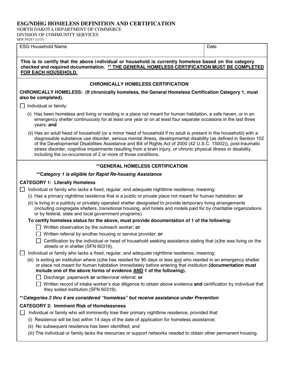 Form SFN59247 Esg / Ndhg Homeless Definition and Certification - North Dakota, Page 1