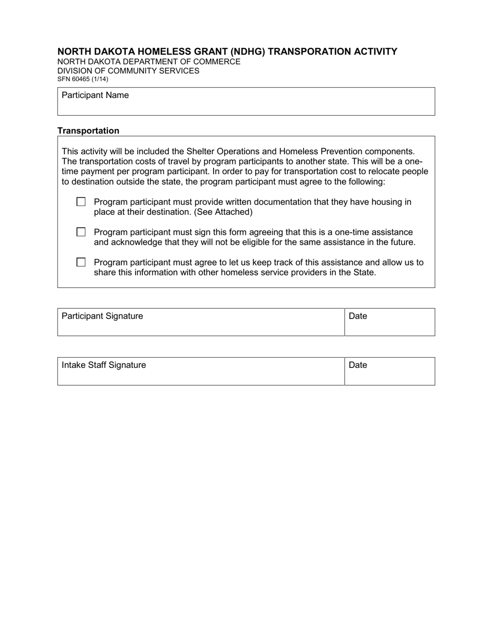 Form SFN60465 North Dakota Homeless Grant (Ndhg) Transporation Activity - North Dakota, Page 1
