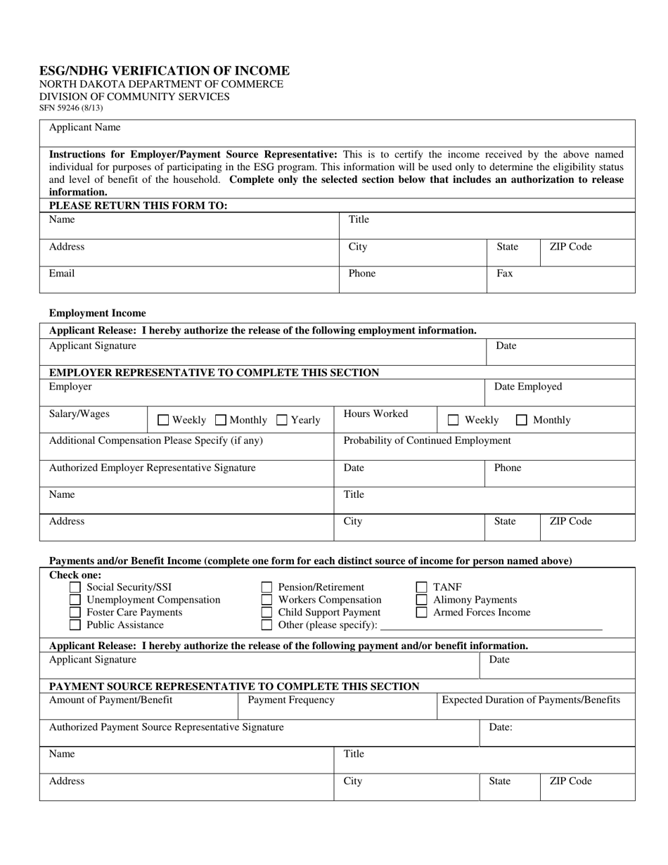 Form SFN59246 Esg / Ndhg Verification of Income - North Dakota, Page 1
