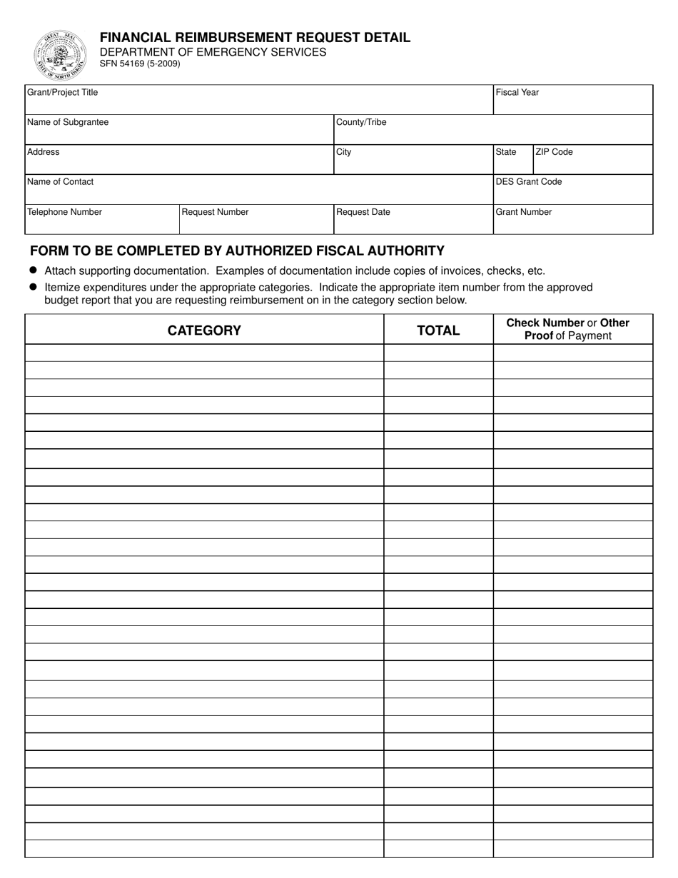 Form SFN54169 Financial Reimbursement Request Detail - North Dakota, Page 1