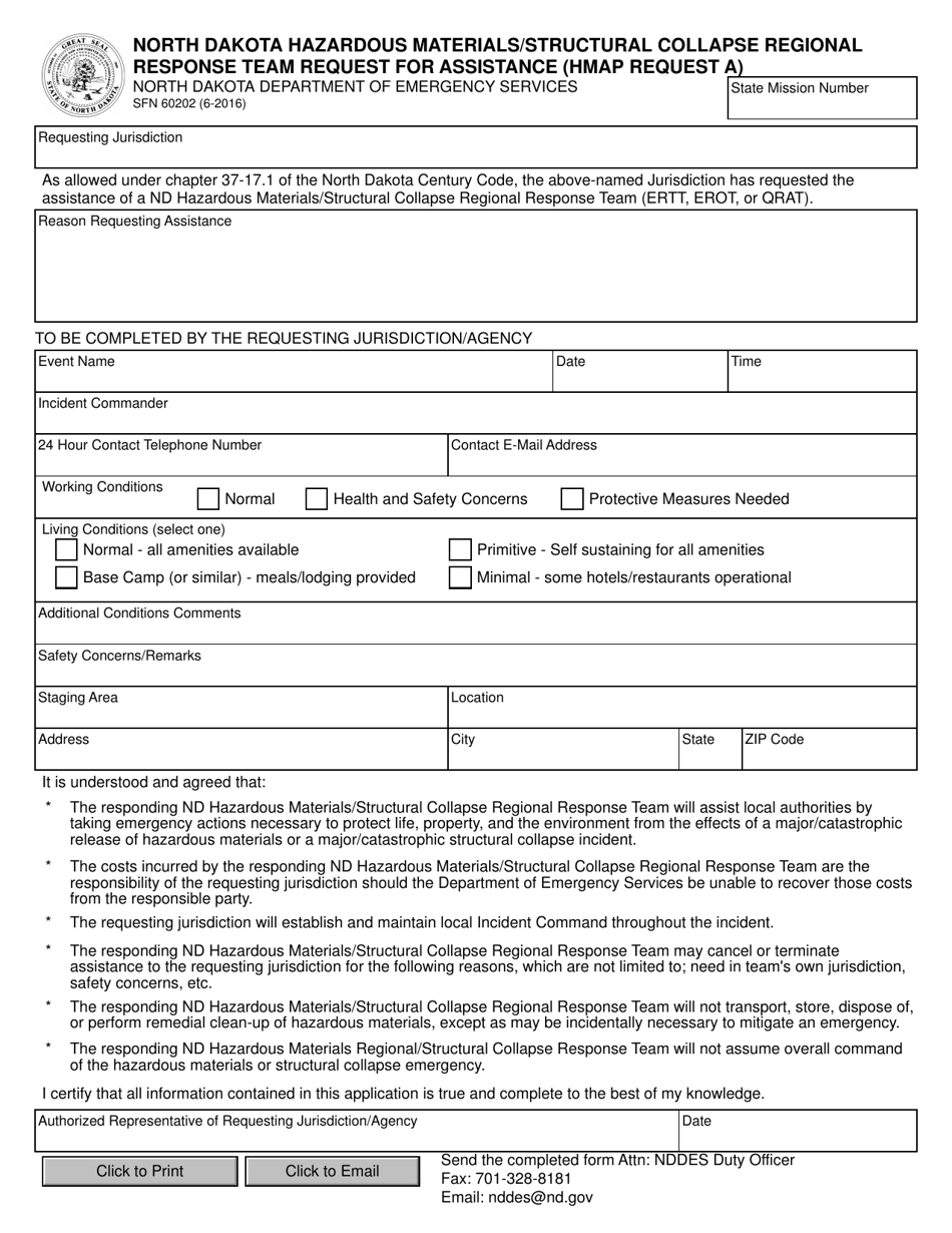 Form SFN60202 North Dakota Hazardous Material / Structural Collapse Regional Response Team Request for Assistance - North Dakota, Page 1