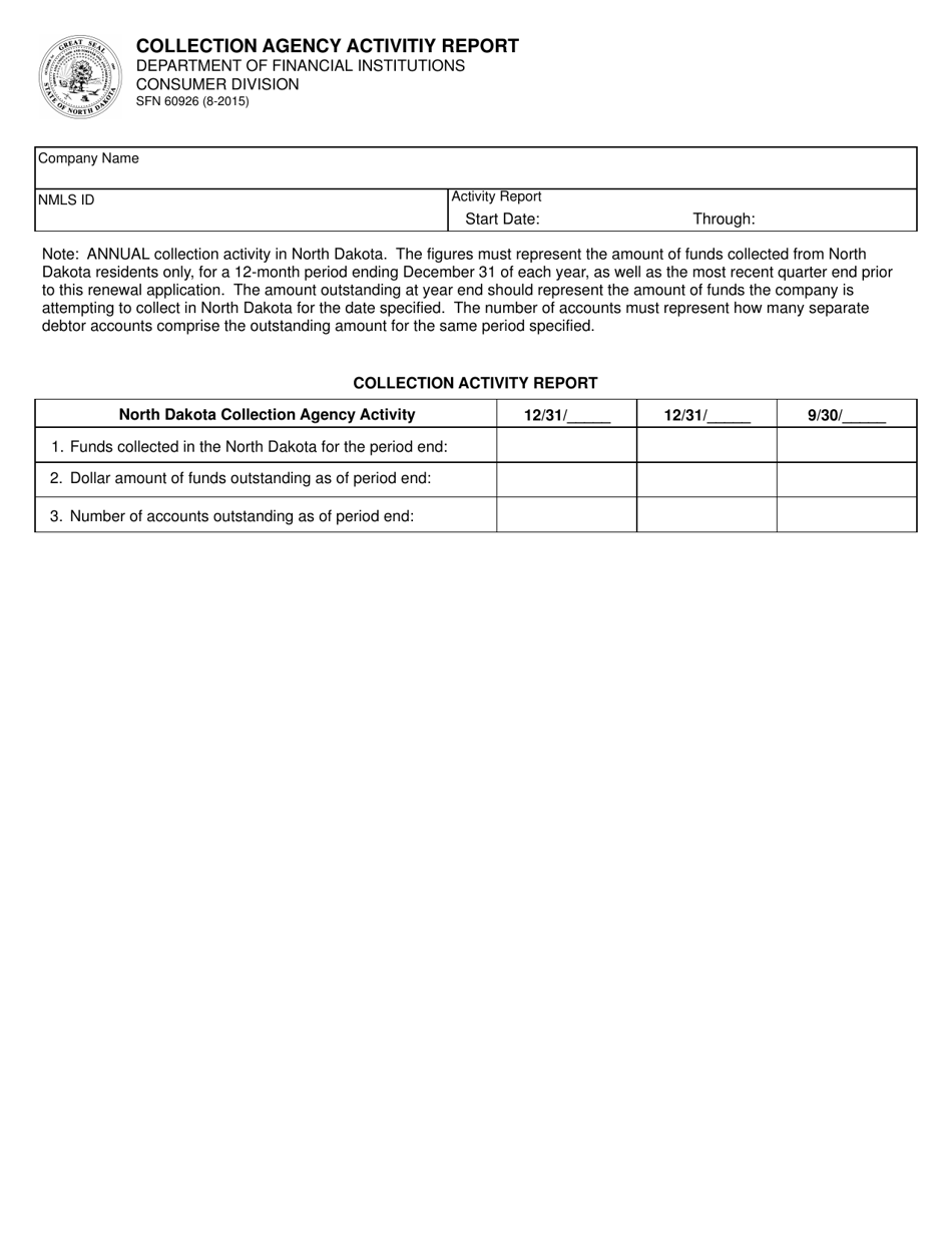 Form SFN60926 Collection Agency Activitiy Report - North Dakota, Page 1