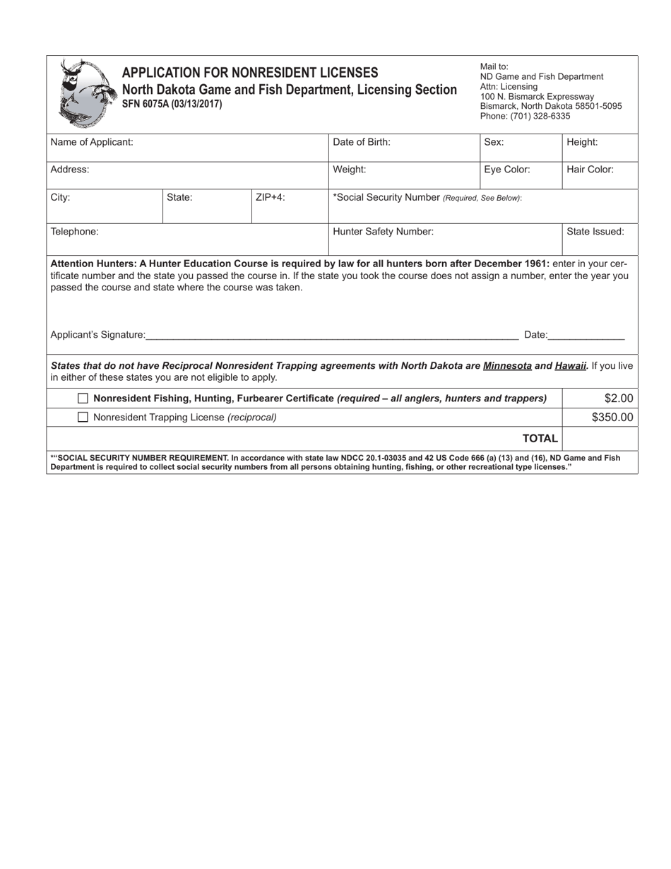 Form SFN6075A Application for Nonresident Licenses - North Dakota, Page 1